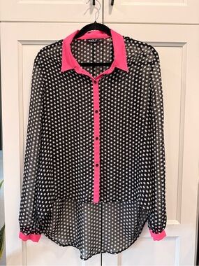 Allen B. By Allen Schwartz Black Polka Dot Sheer Blouse with Pink Trim